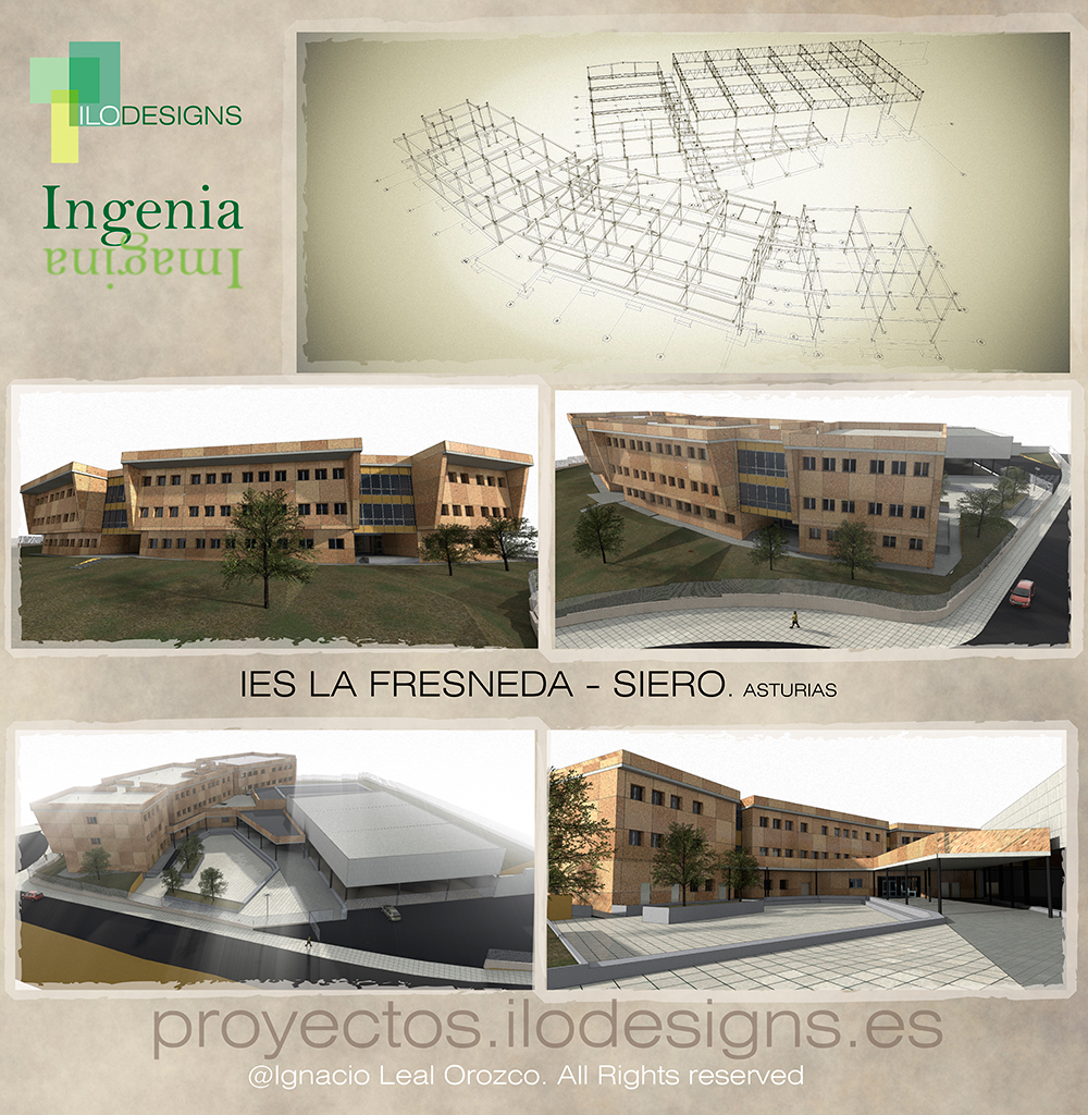 Modelo 3d de centro educativo. IES La Fresneda, Siero, Asturias